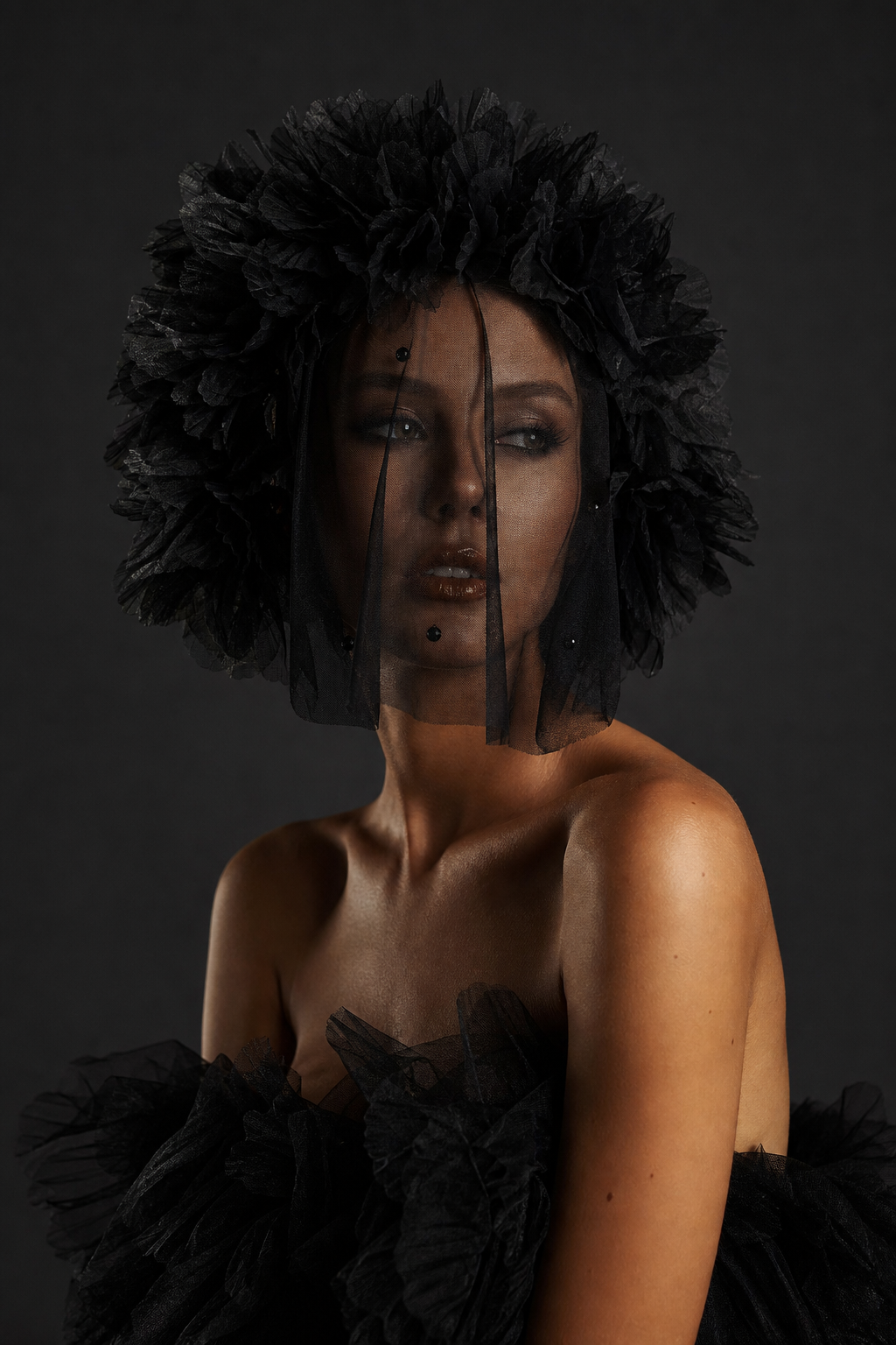 Black Flower Crown Bridal Veil - Bridella BVA21-B