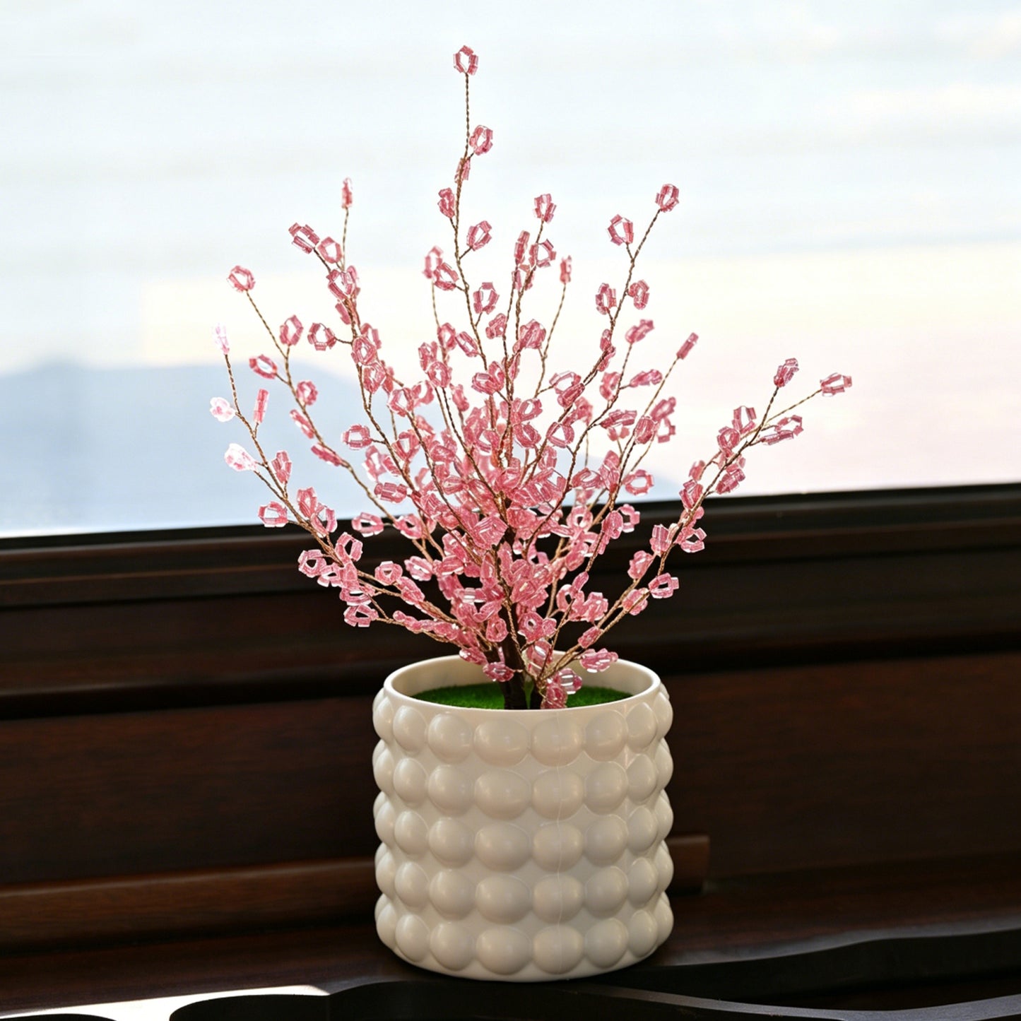 Handmade Pink Crystal Bead Tree, Artificial Flower Arrangement in Bubble Ceramic Pot L28