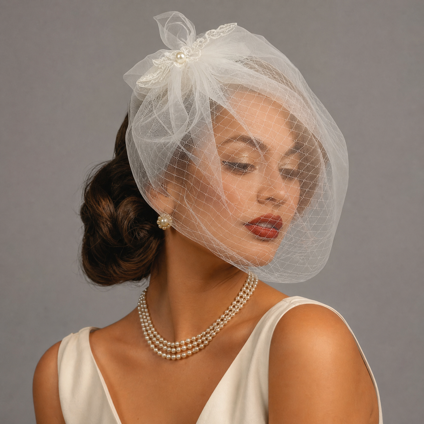 Lightweight Pearl Bow Birdcage Wedding Veil - Bridella BVA14-W