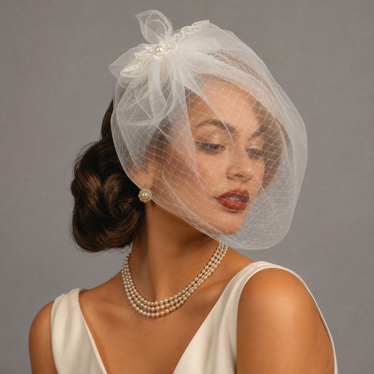 Lightweight Pearl Bow Birdcage Wedding Veil - Bridella BVA14-W