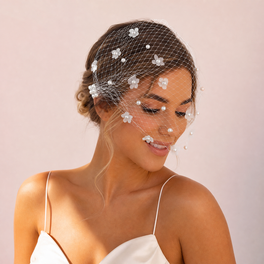 White Pearl Mesh Bridal Hair Comb Veil Short for Wedding - Bridella BVA15-W