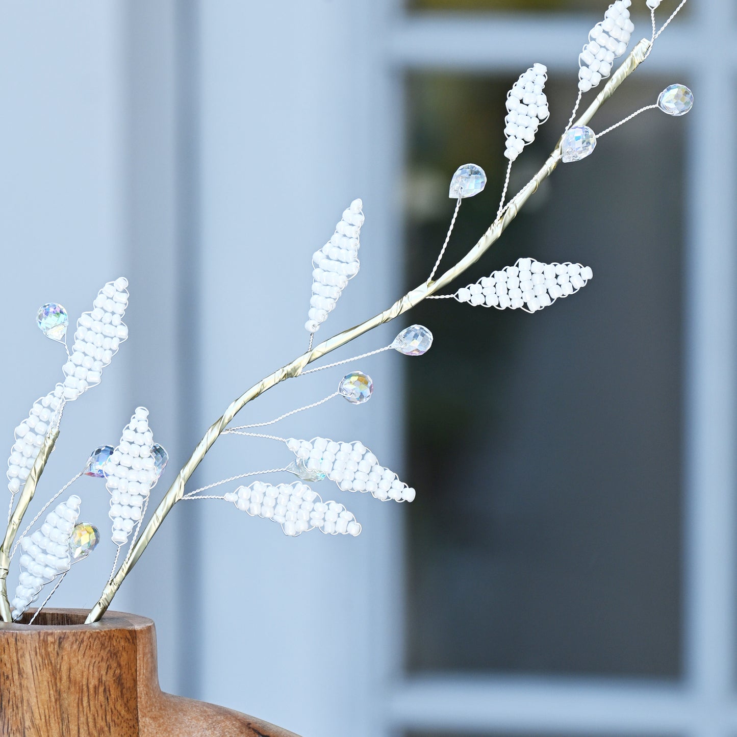 Handmade White Beaded Wheat Spike Branch Picks K167 for Wedding Centerpiece, Farmhouse Home Vase & Bridal Shower Decor