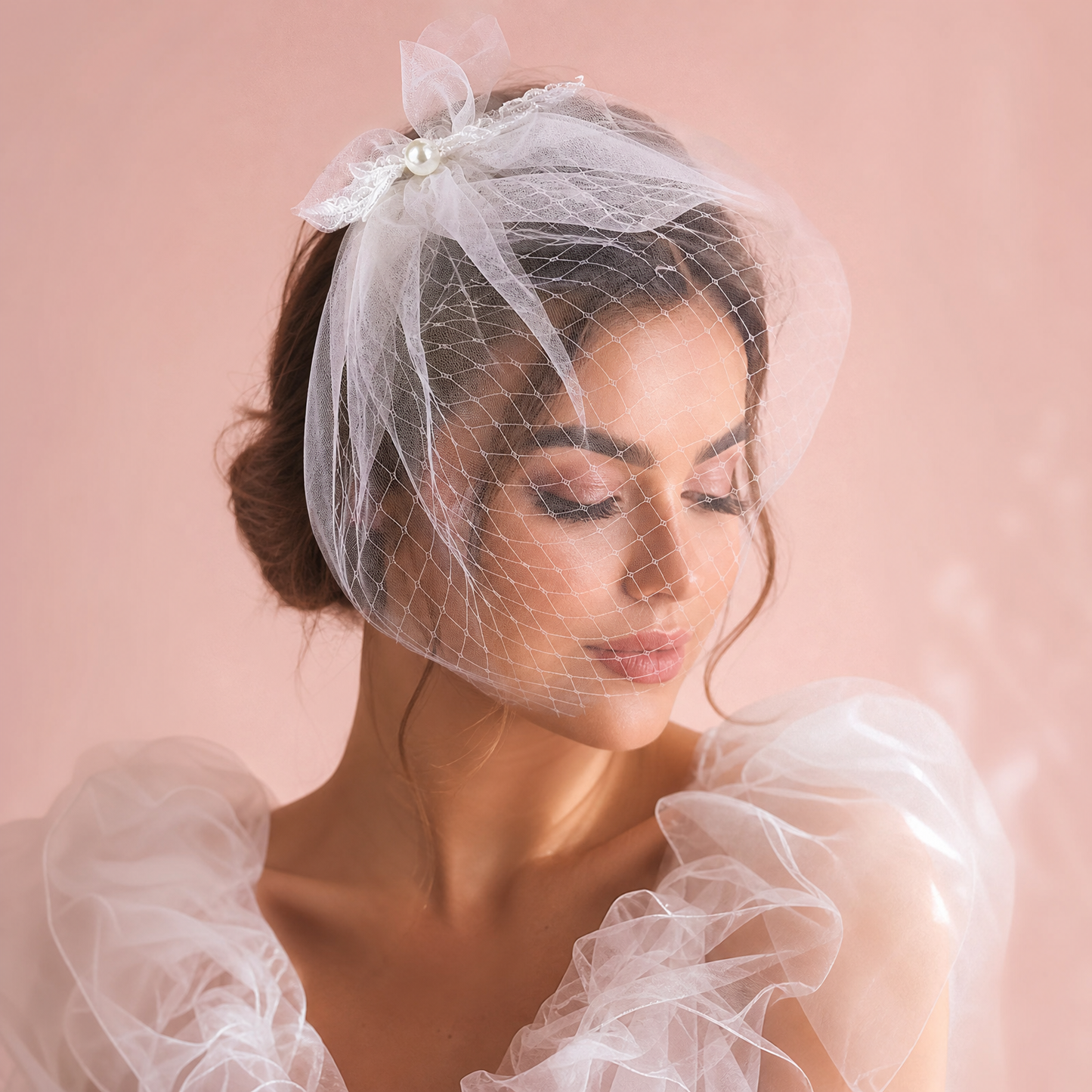 Lightweight Pearl Bow Birdcage Wedding Veil - Bridella BVA14-W