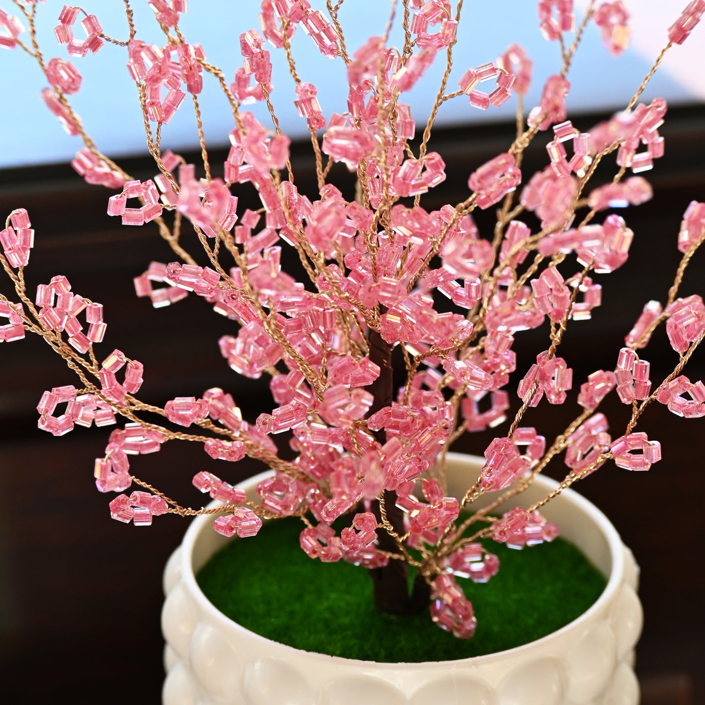 Handmade Pink Crystal Bead Tree, Artificial Flower Arrangement in Bubble Ceramic Pot L28