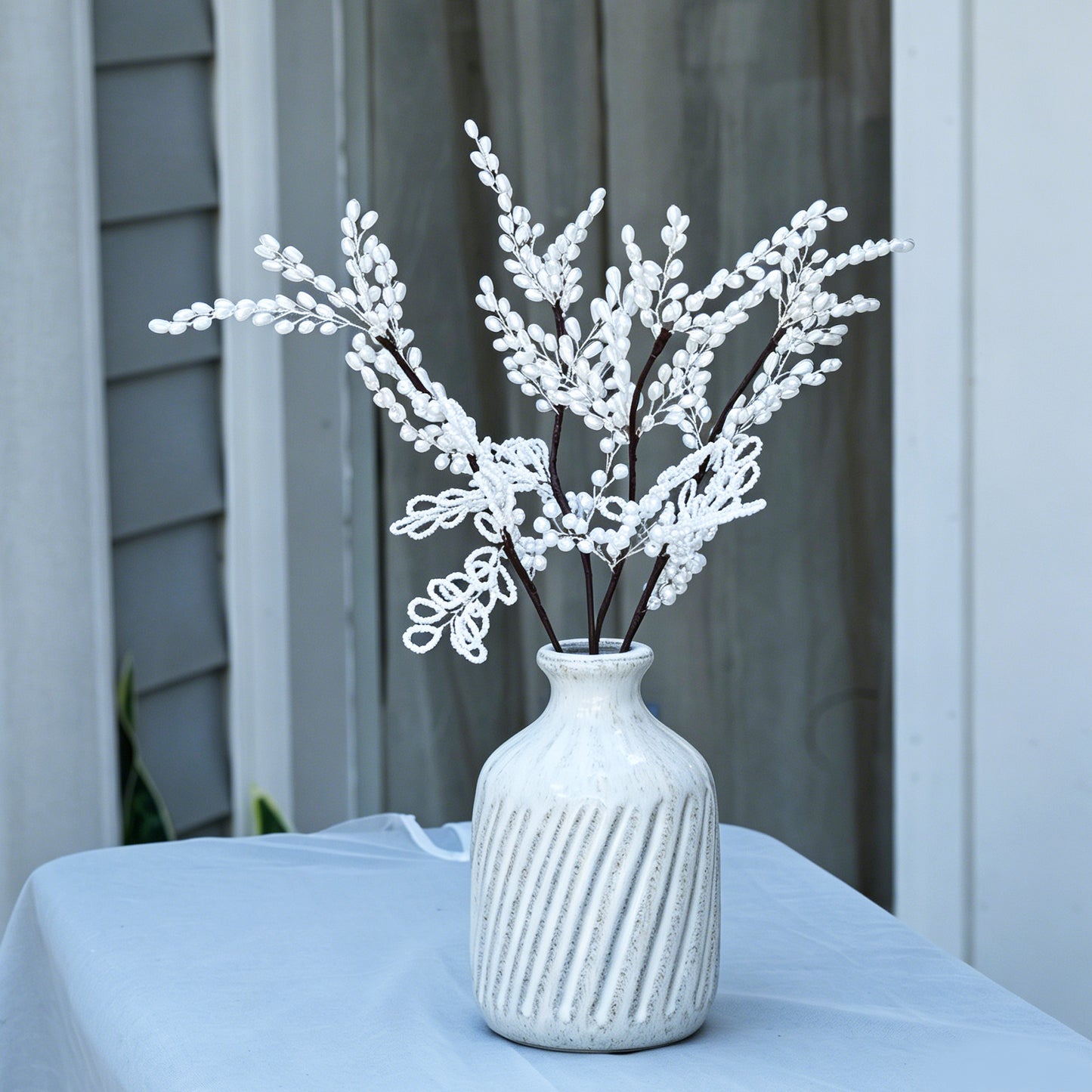 Handmade White Pearl Beaded Leaf Branch Picks, Faux Pearl Floral Stem K130