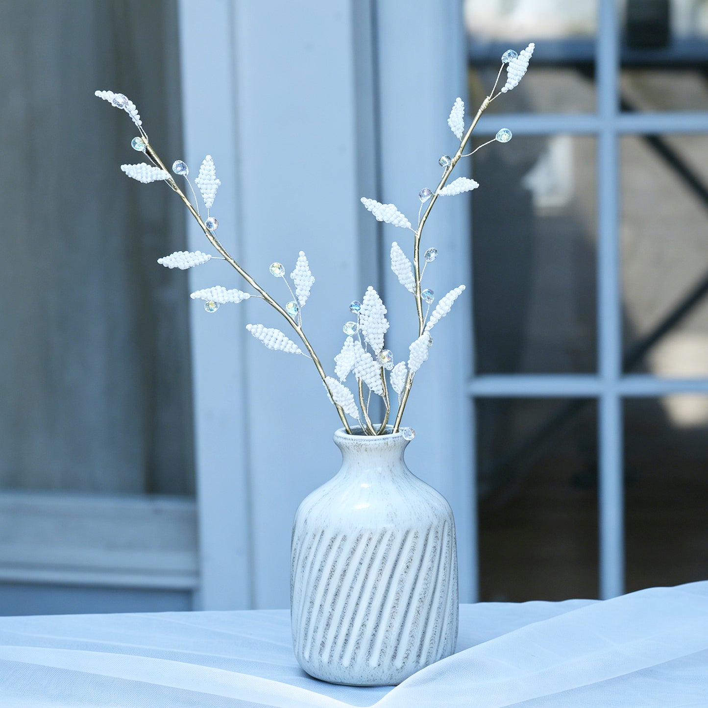 Handmade White Beaded Wheat Spike Branch Picks K167 for Wedding Centerpiece, Farmhouse Home Vase & Bridal Shower Decor