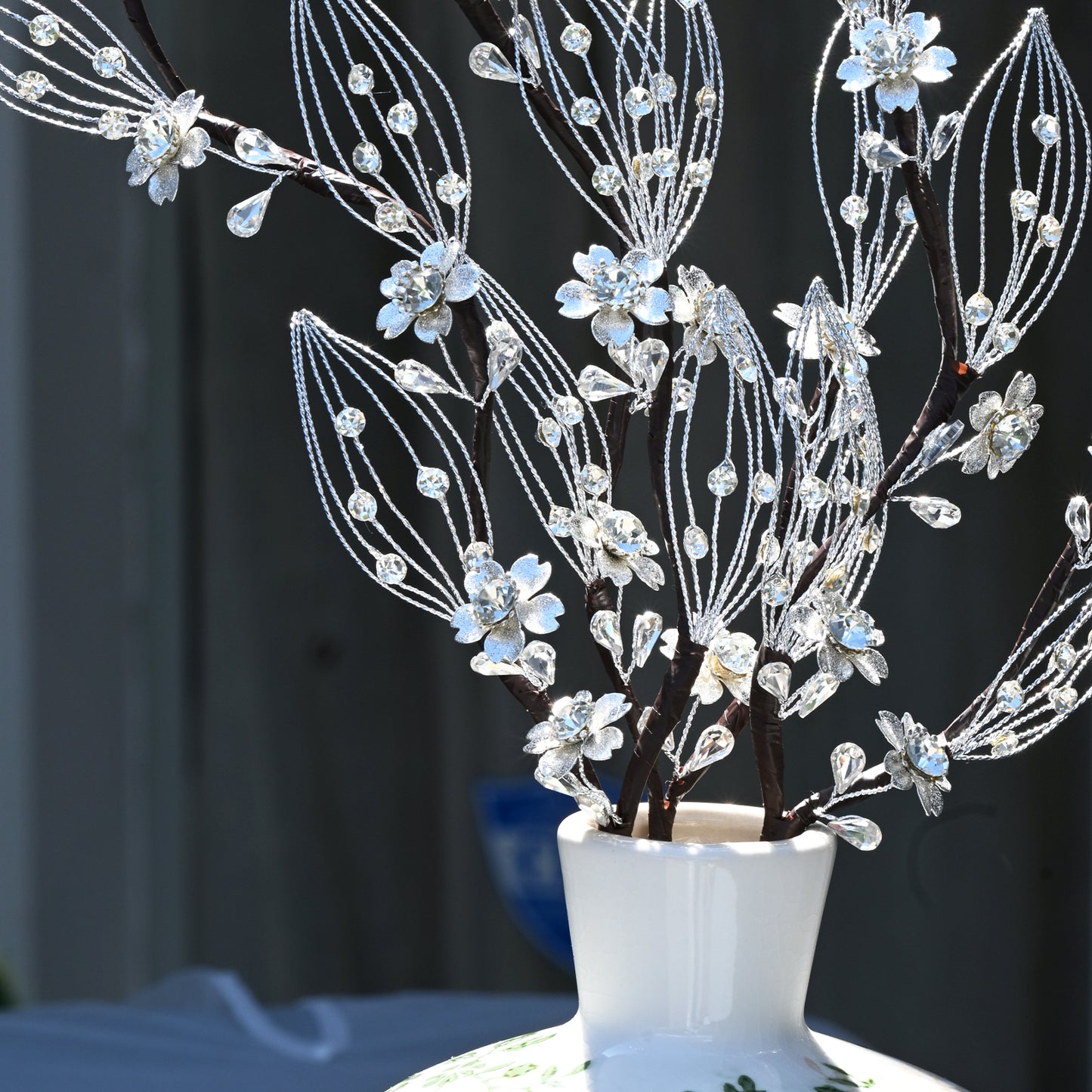 Handmade Clear Crystal Floral Branch Picks, Wire Hollow Leaf Rhinestone Flower Stems  K131