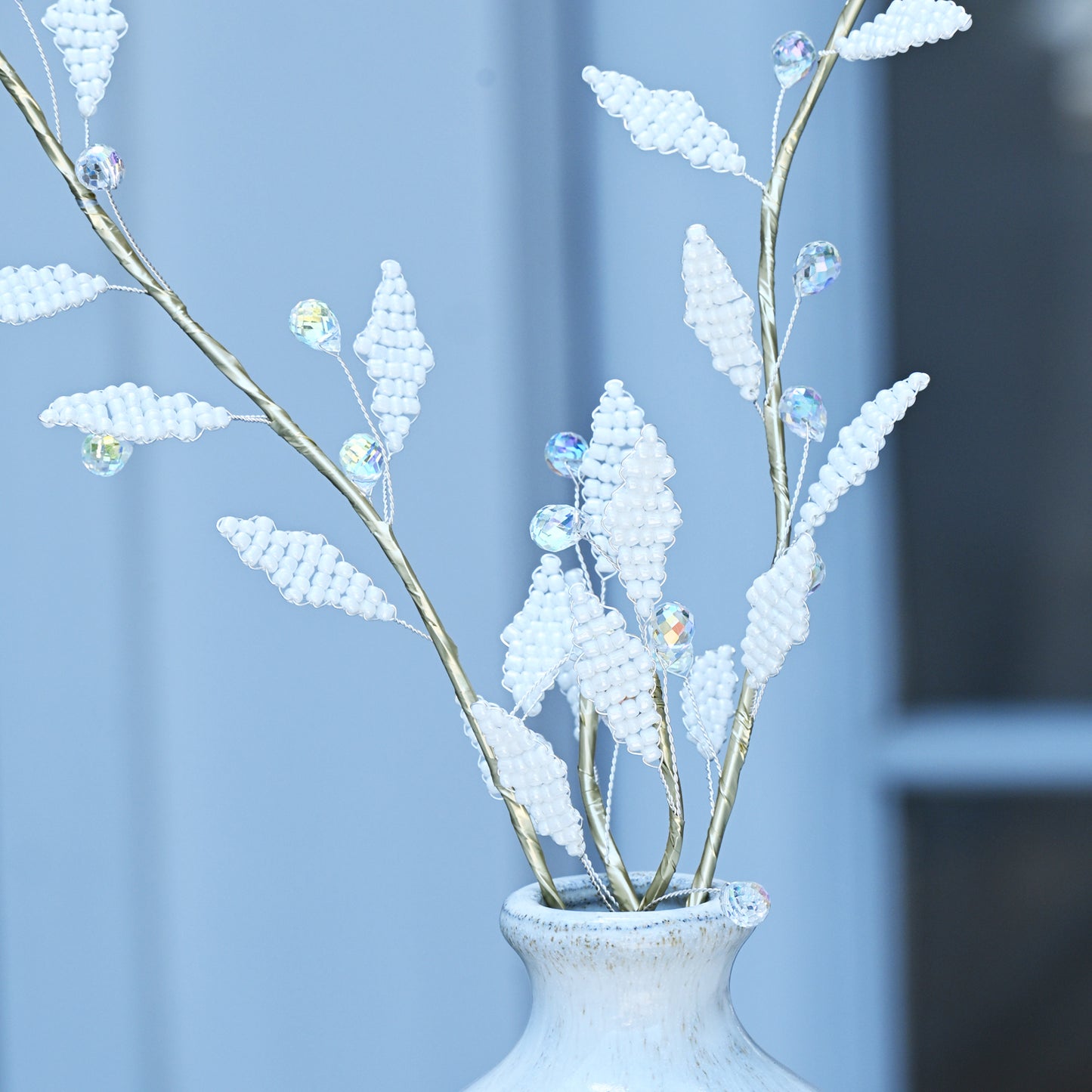 Handmade White Beaded Wheat Spike Branch Picks K167 for Wedding Centerpiece, Farmhouse Home Vase & Bridal Shower Decor