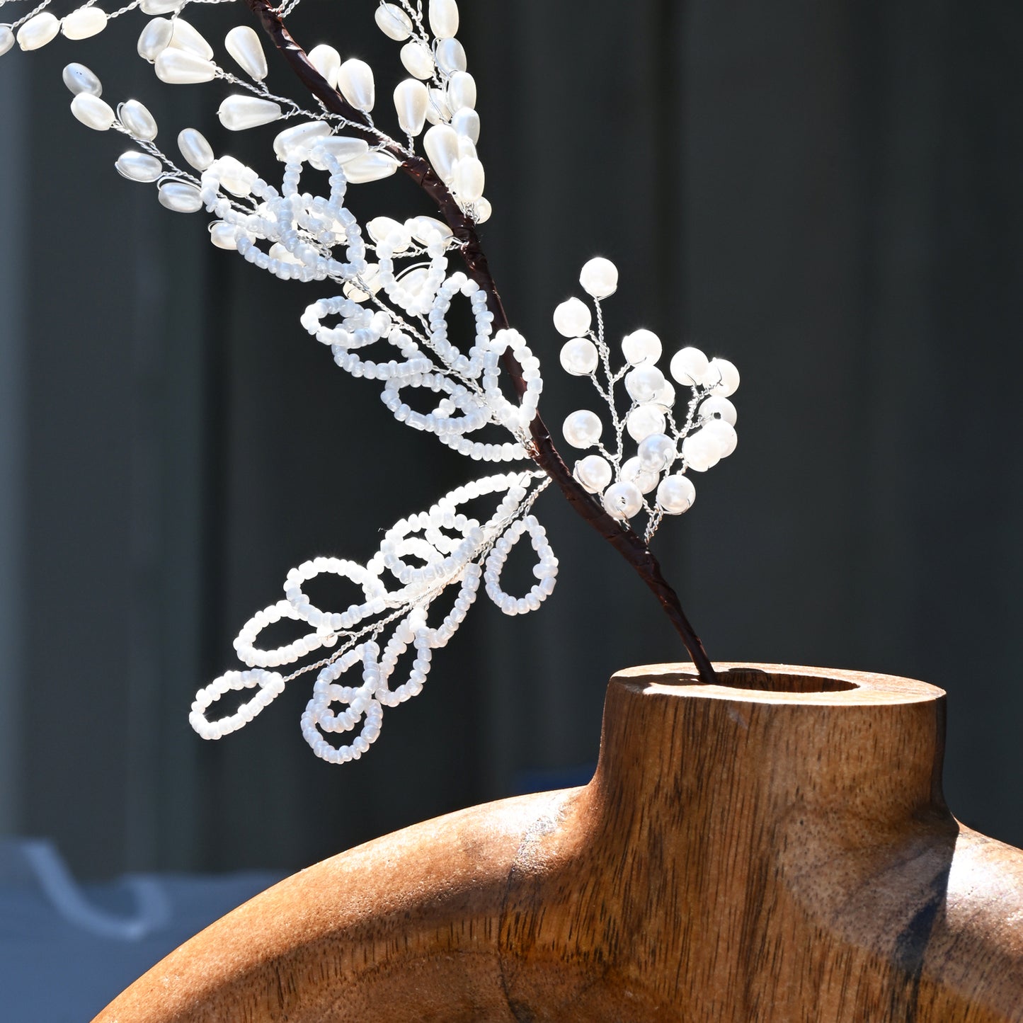 Handmade White Pearl Beaded Leaf Branch Picks, Faux Pearl Floral Stem K130
