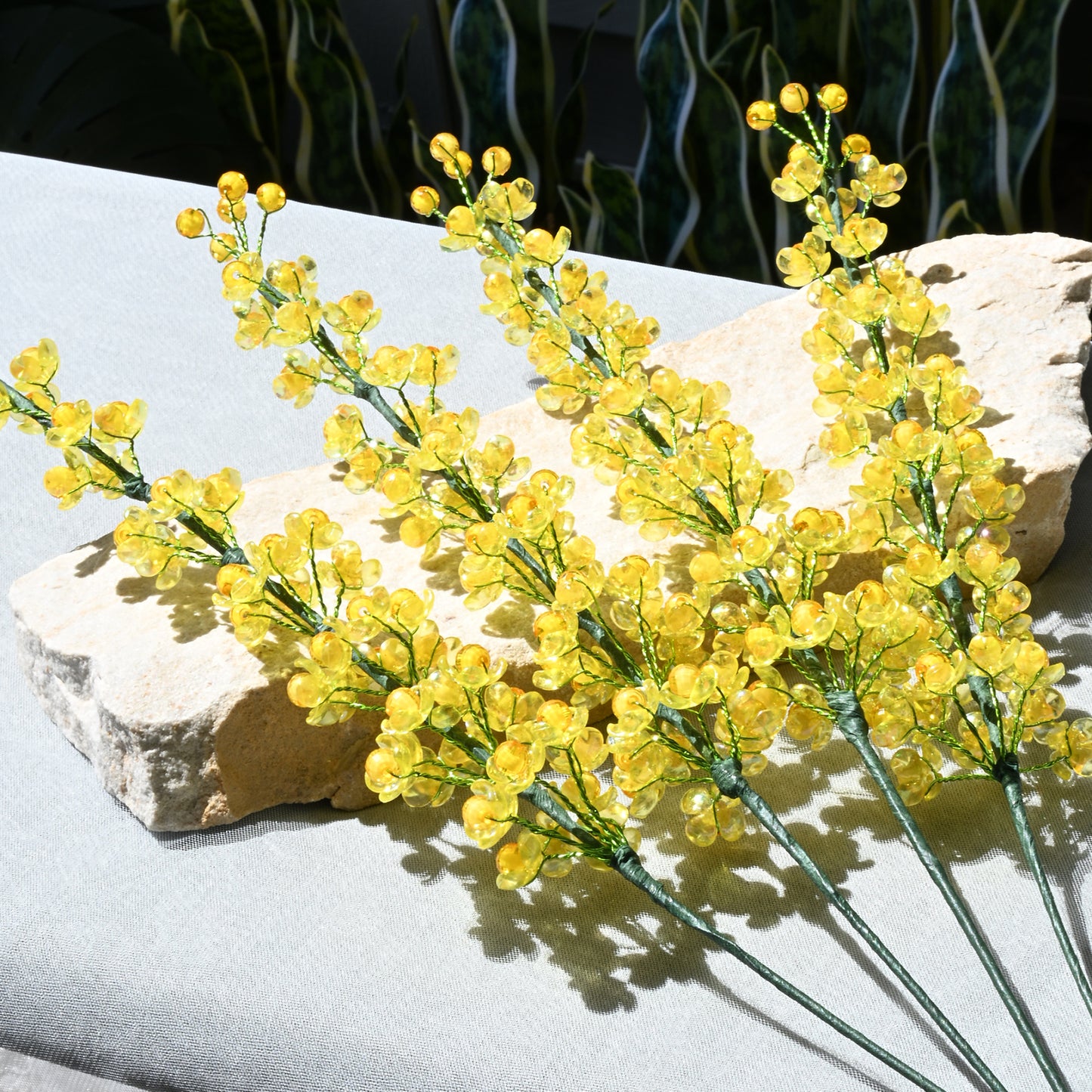 Artificial Yellow Crystal Beaded Acacia Flower Stem K03