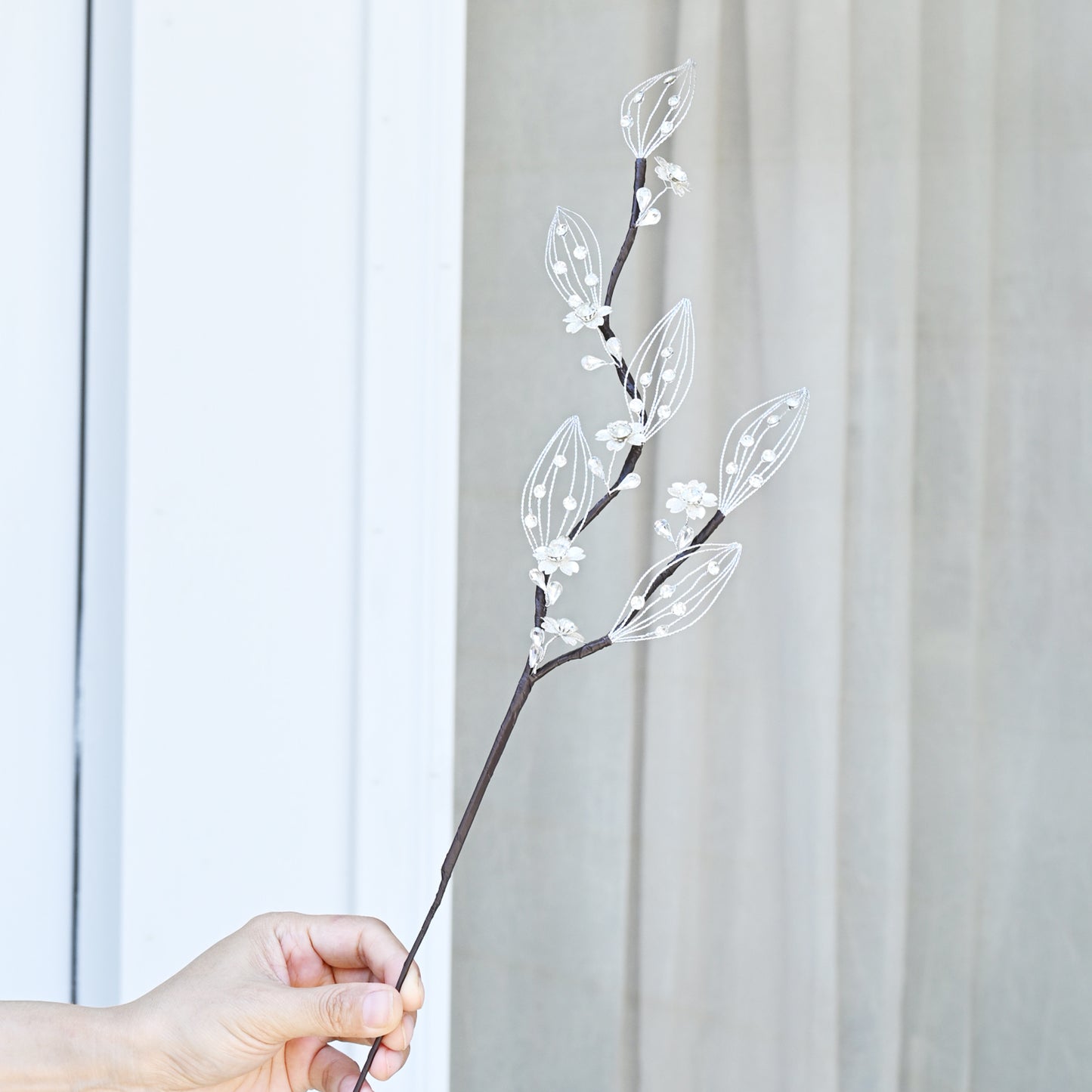 Handmade Clear Crystal Floral Branch Picks, Wire Hollow Leaf Rhinestone Flower Stems  K131