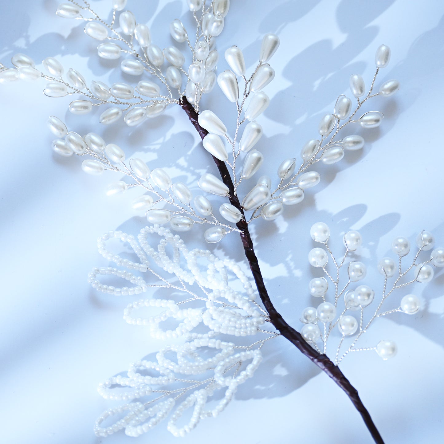 Handmade White Pearl Beaded Leaf Branch Picks, Faux Pearl Floral Stem K130