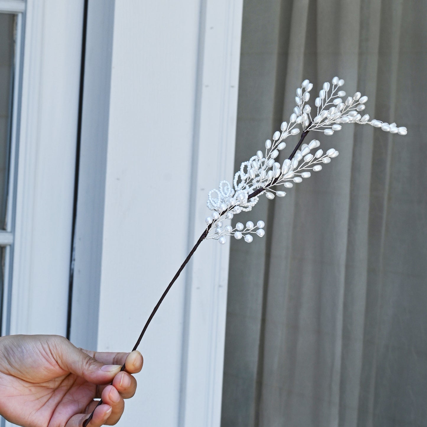 Handmade White Pearl Beaded Leaf Branch Picks, Faux Pearl Floral Stem K130