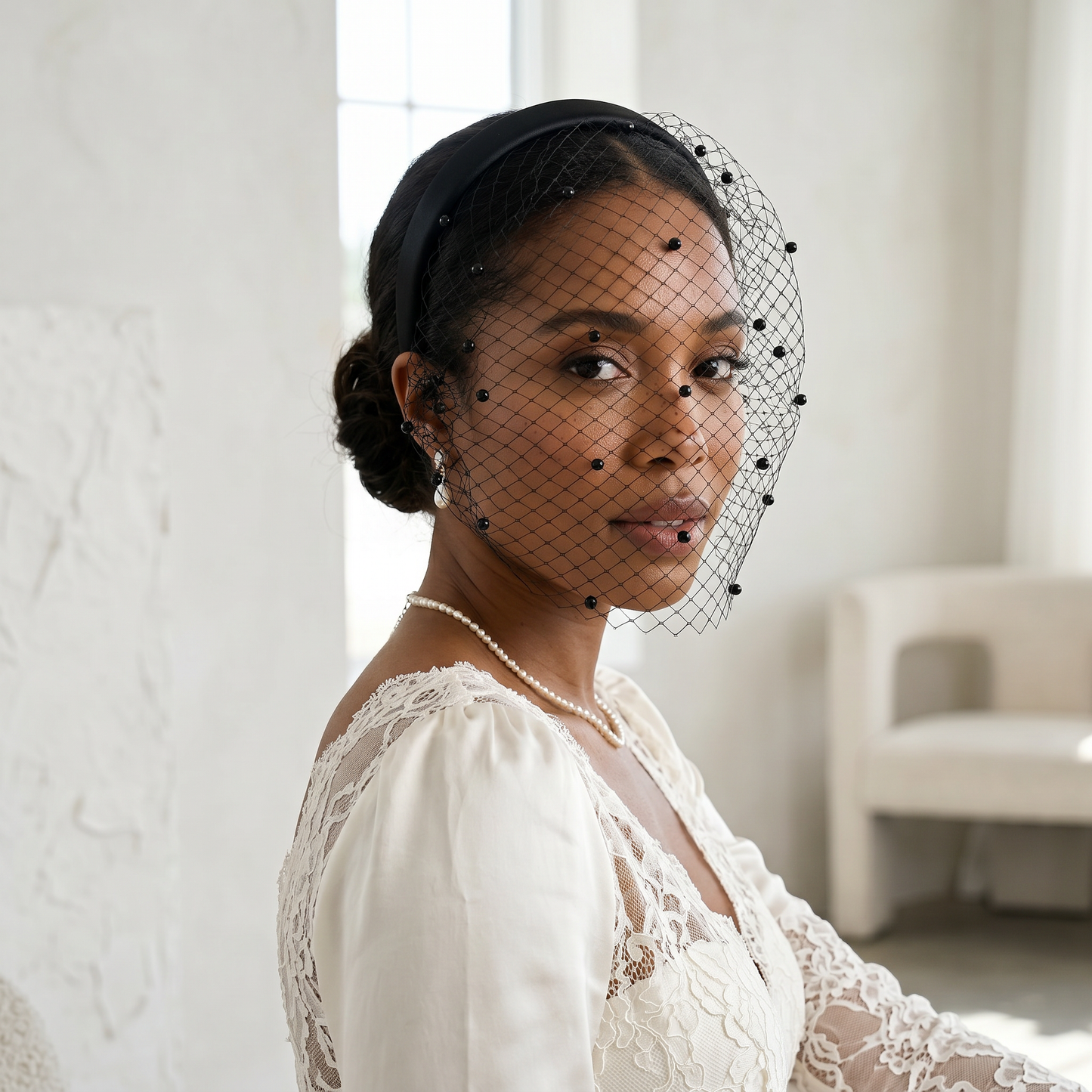 white White Pearl & Mesh Birdcage Veil - Bridella BVA08-B