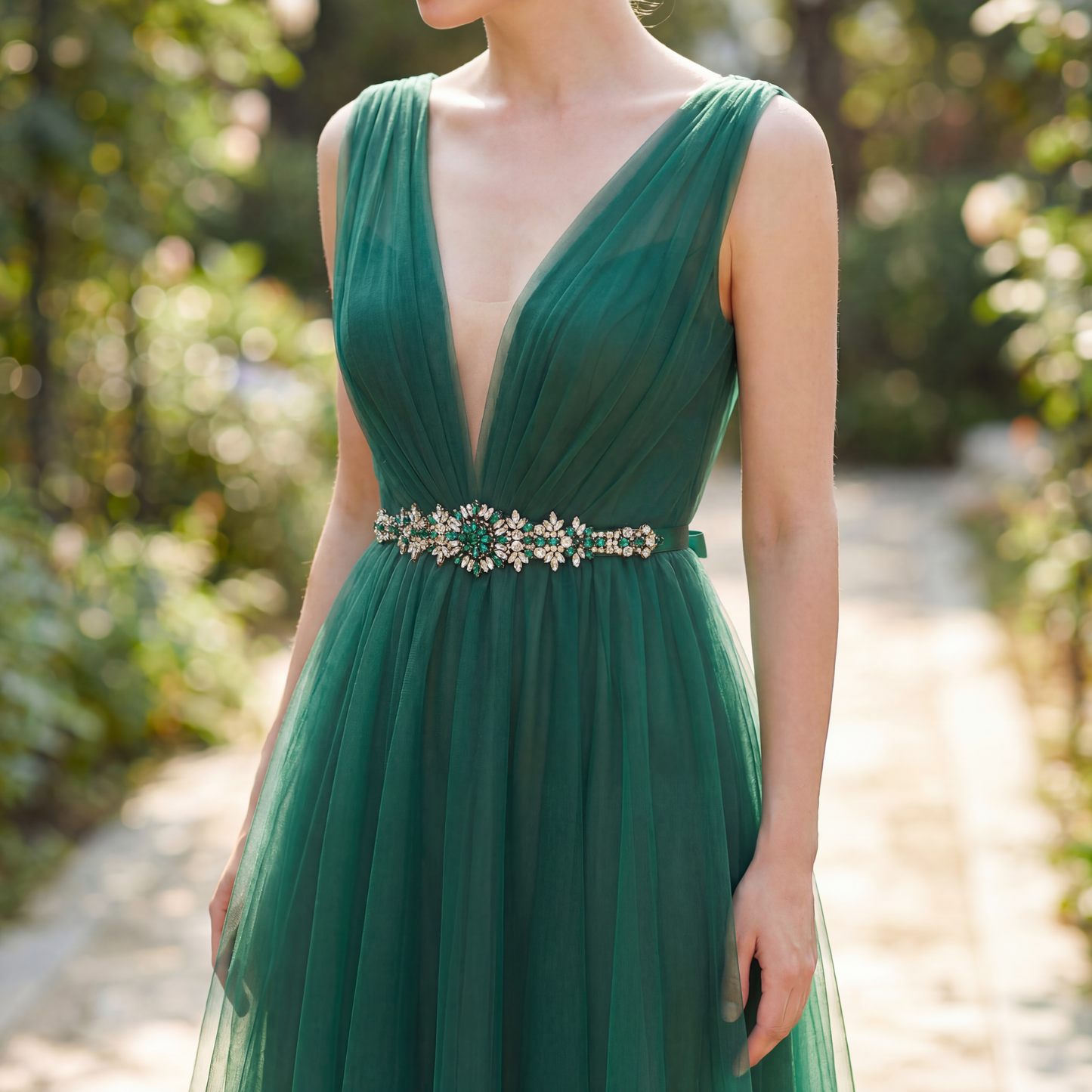 Green Rhinestone Bridal Belt Wedding Dress Sash - Bridella BS319KL