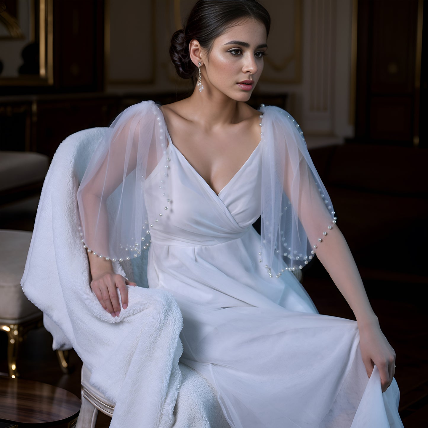 Pearl Mesh Bridal Shawl Wedding Wrap - Bridella BVG40A