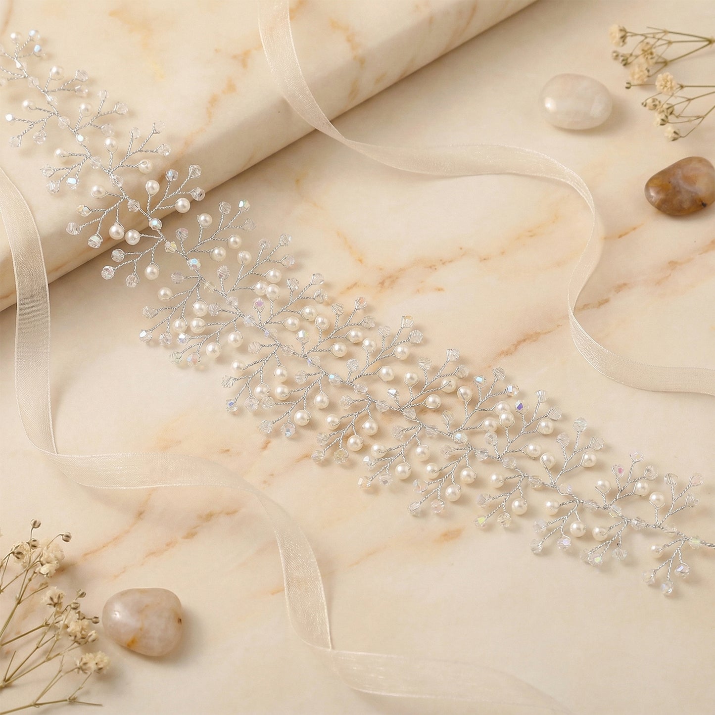 Bridella BHP55-S Silver Pearl & Crystal Tiara