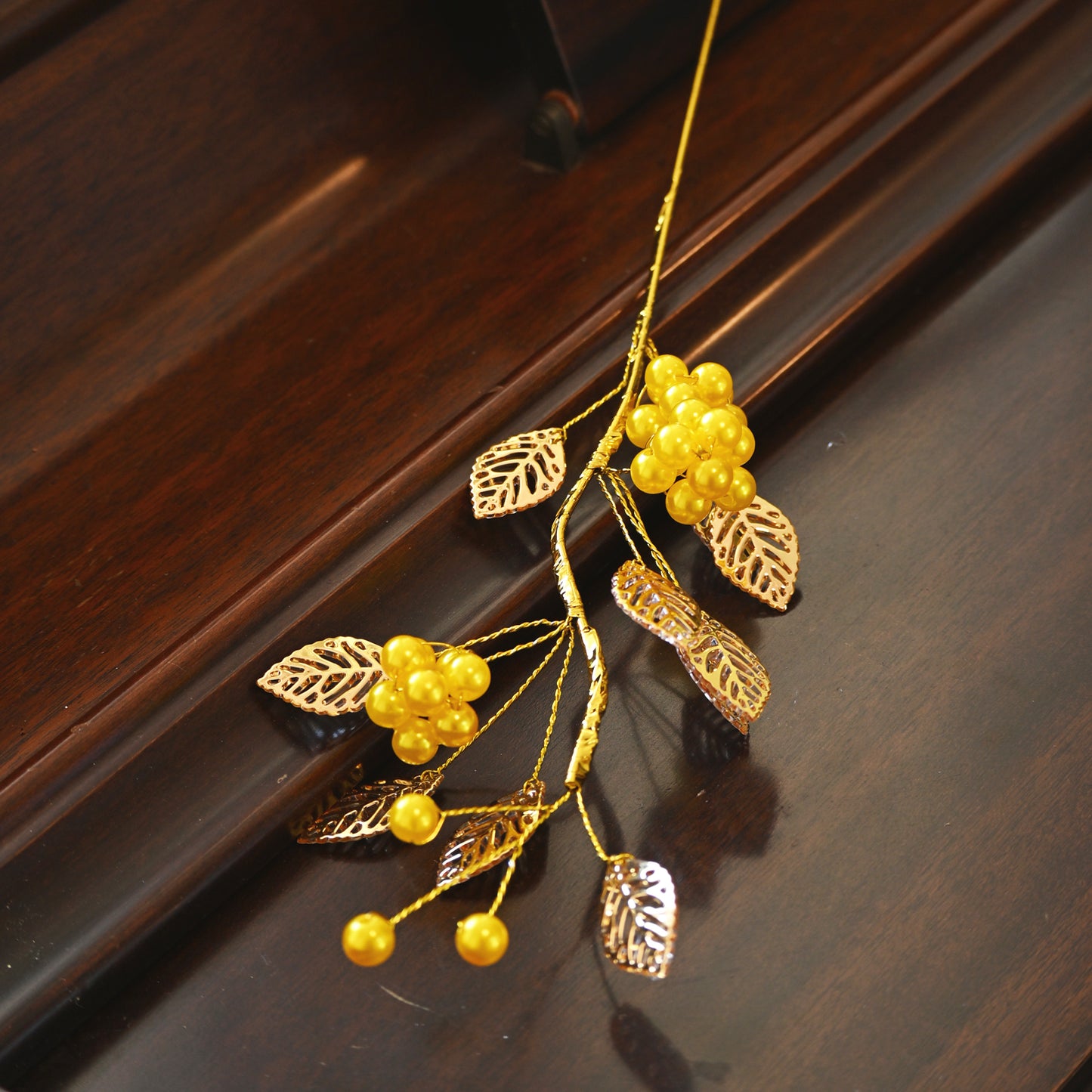 Golden Artificial Berry Stem with Metallic Leaves, Faux Red/Yellow Berry Picks K103