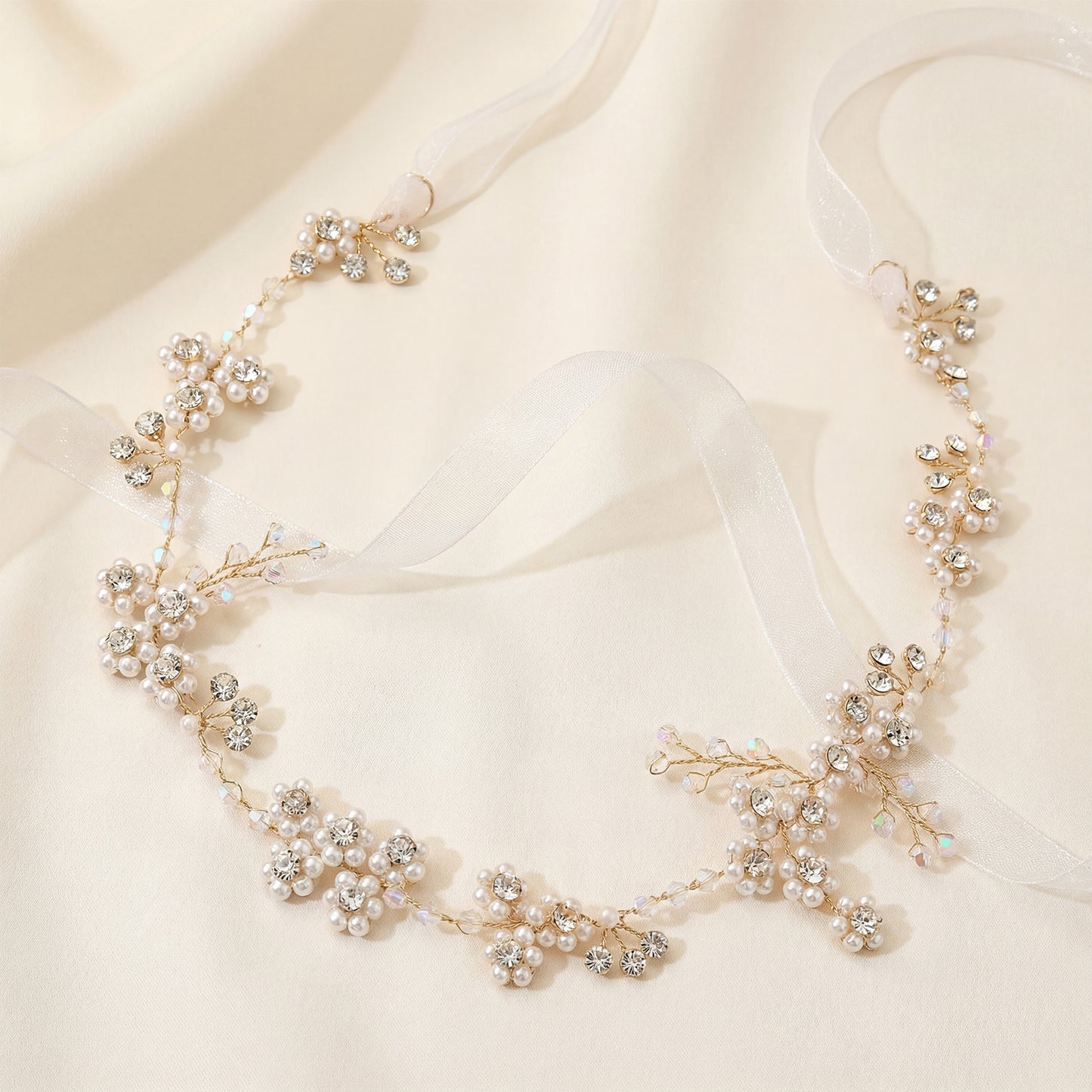 Bridella BHP129-S Silver Rhinestone & Pearl Headband