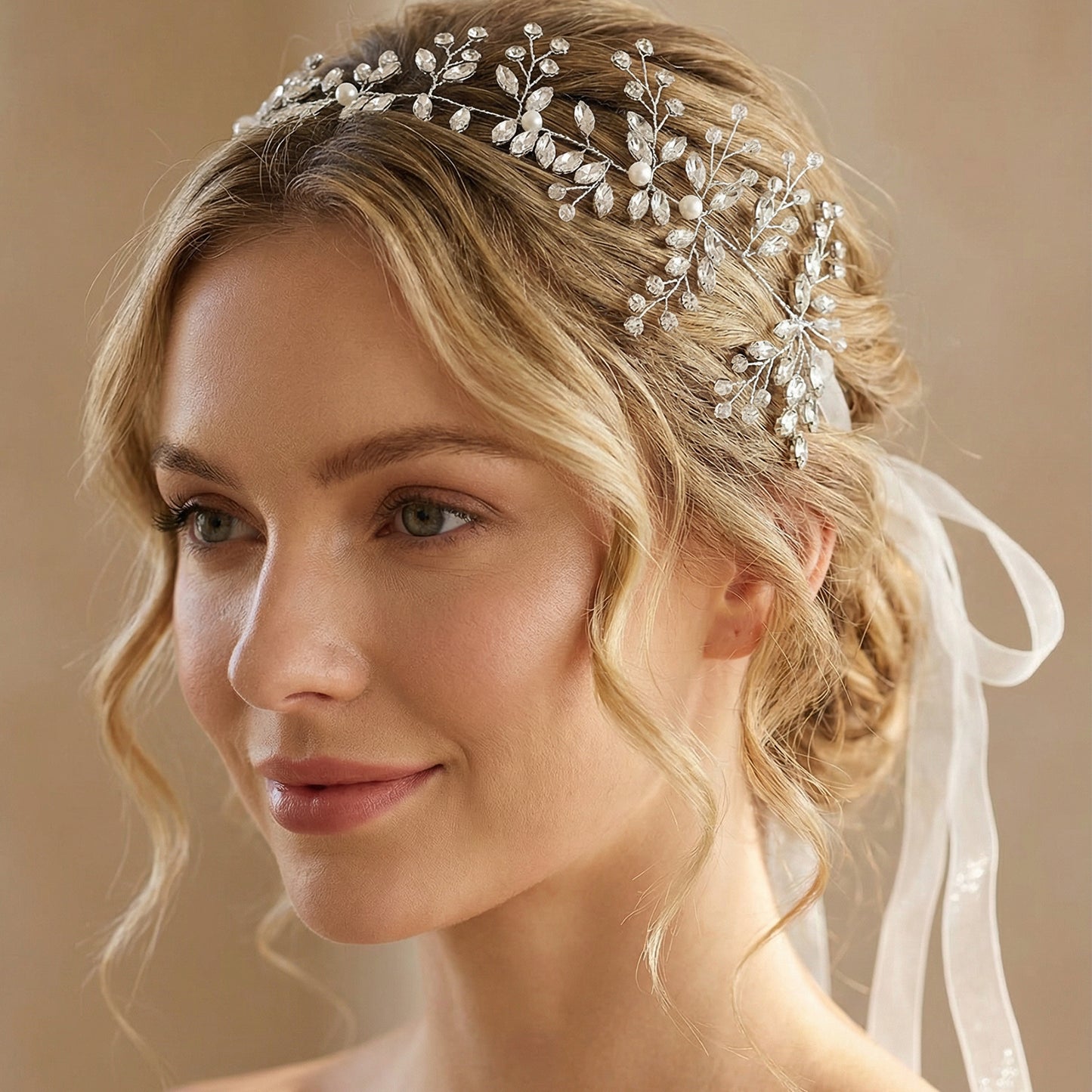 Bridella BHP21-S Silver Rhinestone & Pearl Headwear
