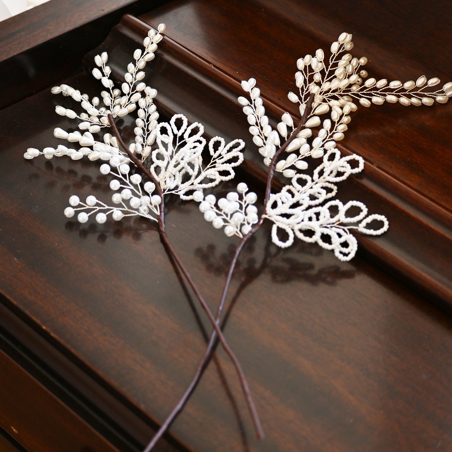 Handmade White Pearl Beaded Leaf Branch Picks, Faux Pearl Floral Stem K130