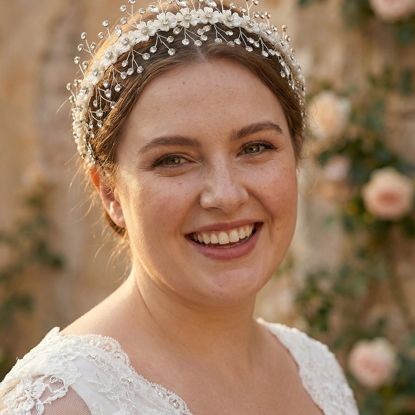 Bridella BHP543-S Silver Rhinestone & Flower Headband