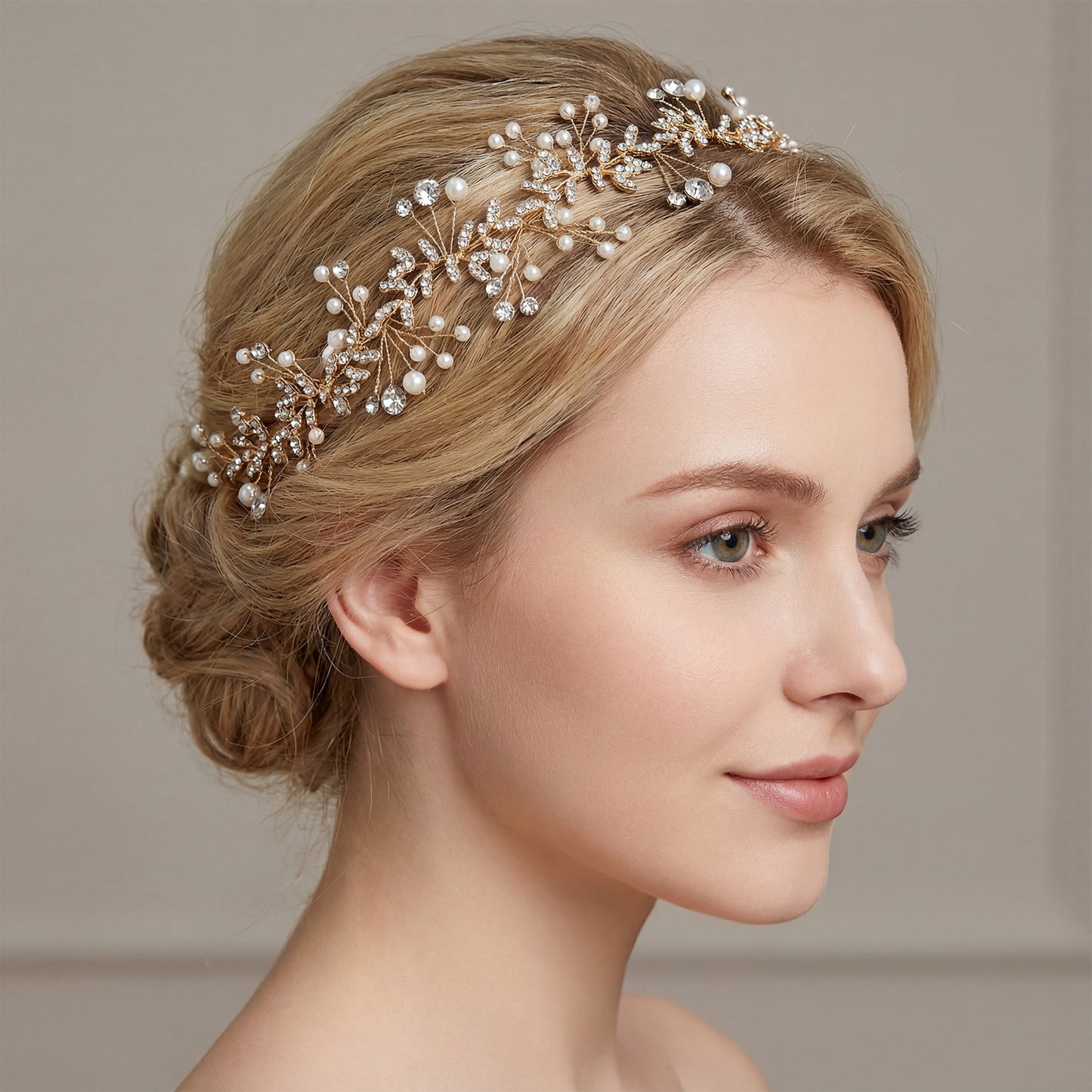 Gold Rhinestone & Pearl Bridal Headband for Wedding - Bridella BHP233-G