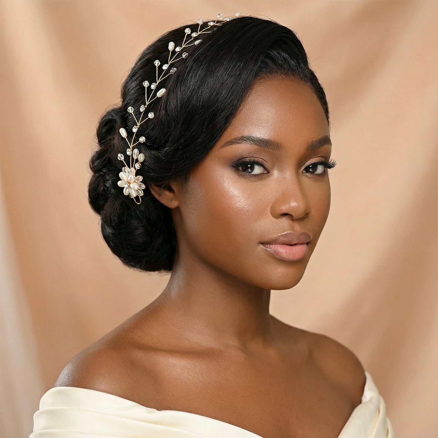 Bridella BHP35-G Gold Rhinestone & Pearl Headband