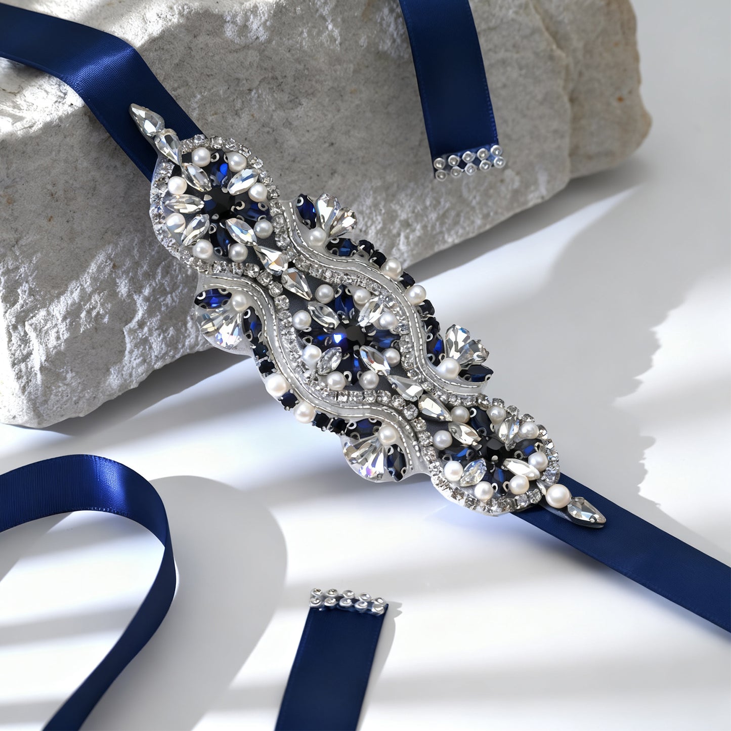 Bridella BS05ML Navy Rhinestone & Pearl Belt