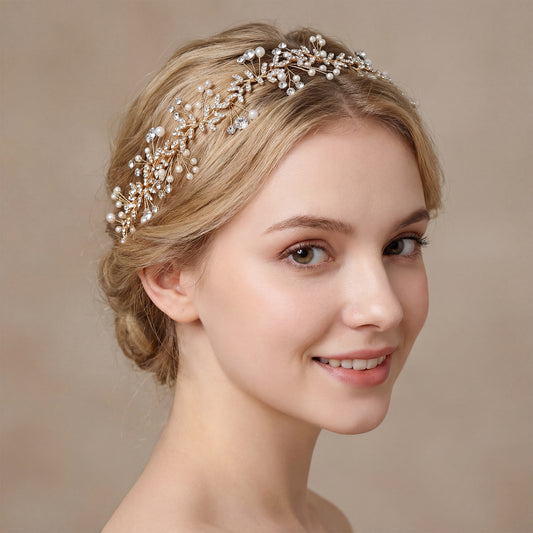 Bridella BHP233-G Gold Rhinestone & Pearl Headband