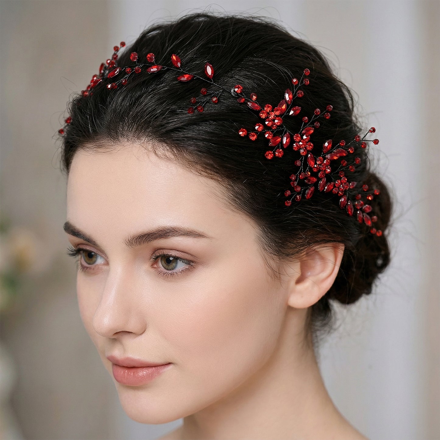 Red Rhinestone & Crystal Bridal Headband for Wedding - Bridella BHP65-R