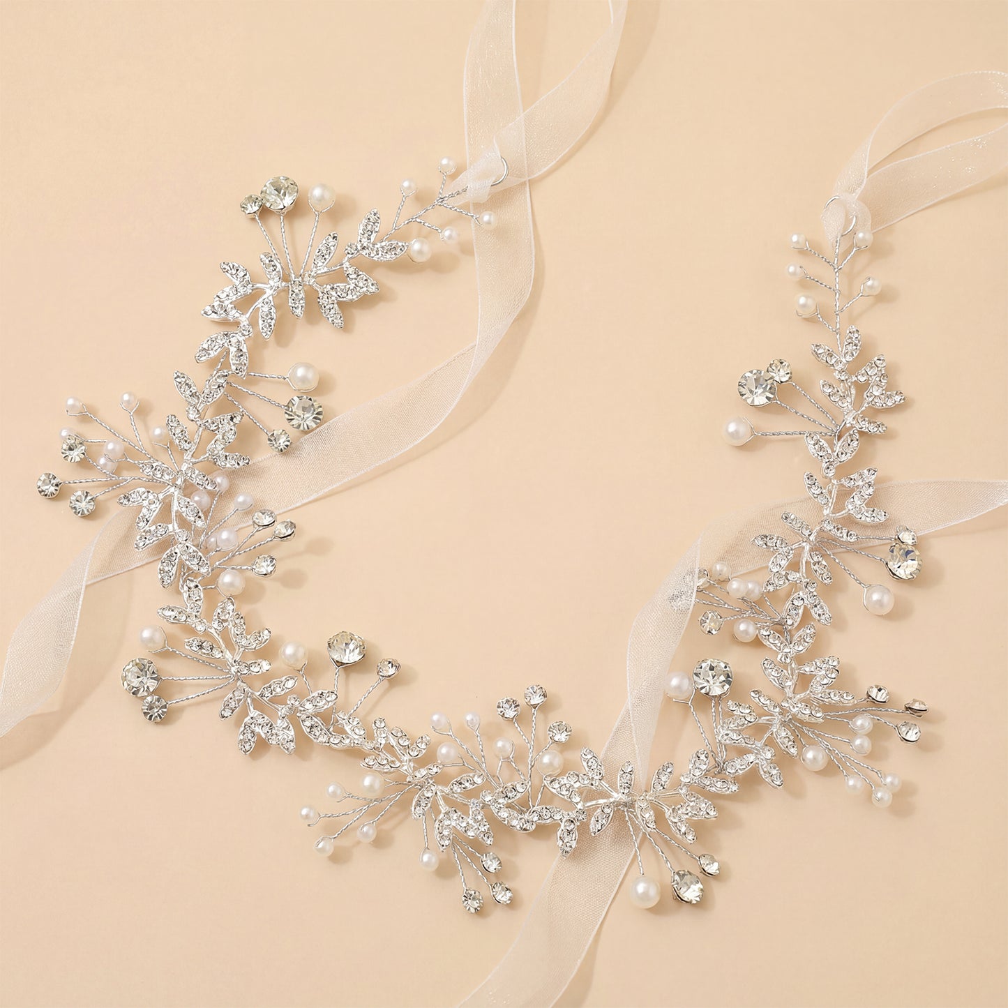 Bridella BHP233-S Silver Rhinestone & Pearl Headband