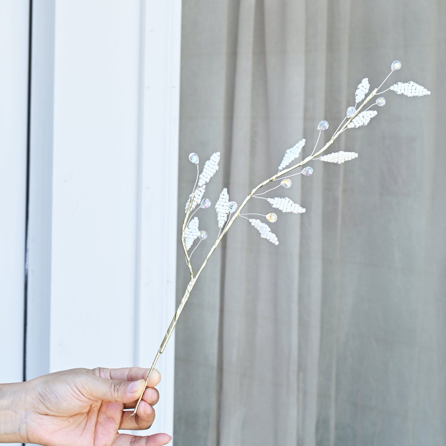 Handmade White Beaded Wheat Spike Branch Picks K167 for Wedding Centerpiece, Farmhouse Home Vase & Bridal Shower Decor