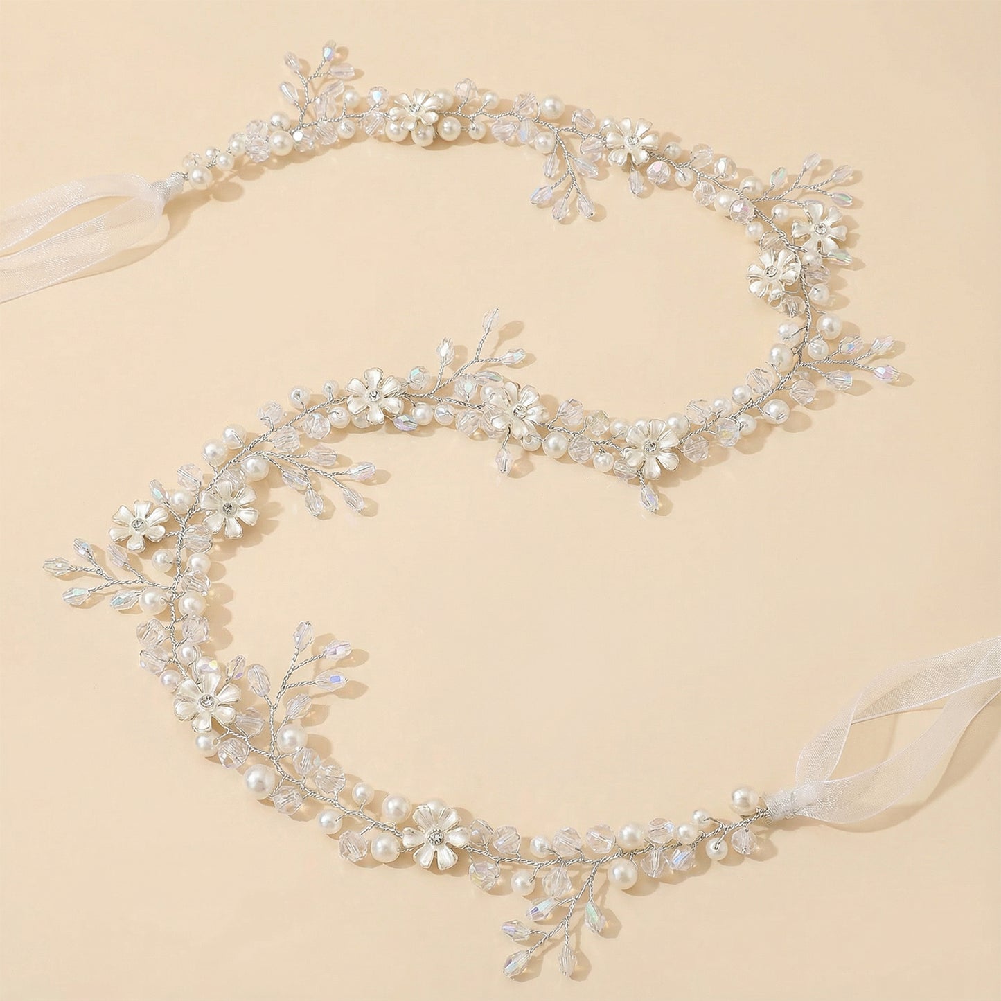 Bridella BHP347-S Silver Rhinestone & Pearl Headband