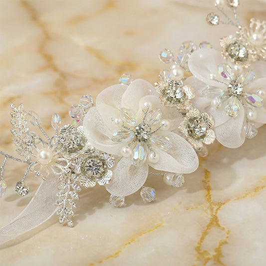 Silver Rhinestone & Pearl Floral Bridal Headband - Bridella BHP275-S