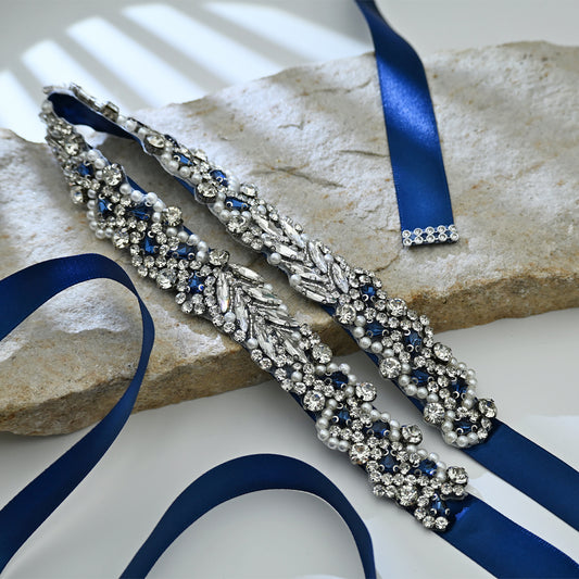 Bridella BS100ML Navy Rhinestone & Pearl Belt