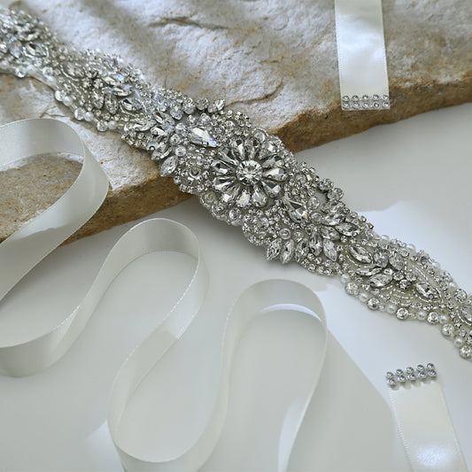 Bridella BS119 Silver Rhinestone & Pearl Belt