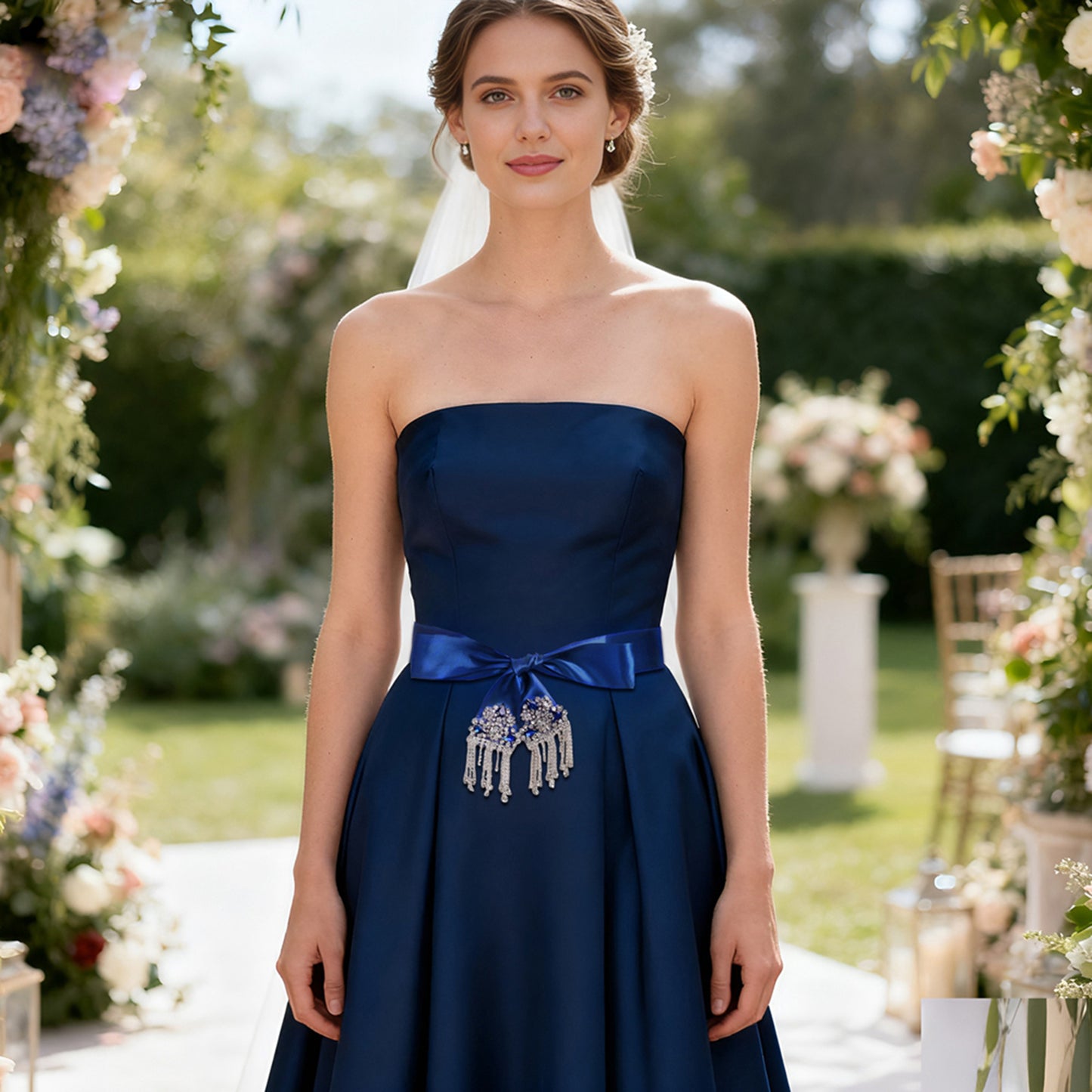 Daily Bridal Wedding Belt Silver Rhinestone Applique Sash for Women Gown Dress - Bridella S109