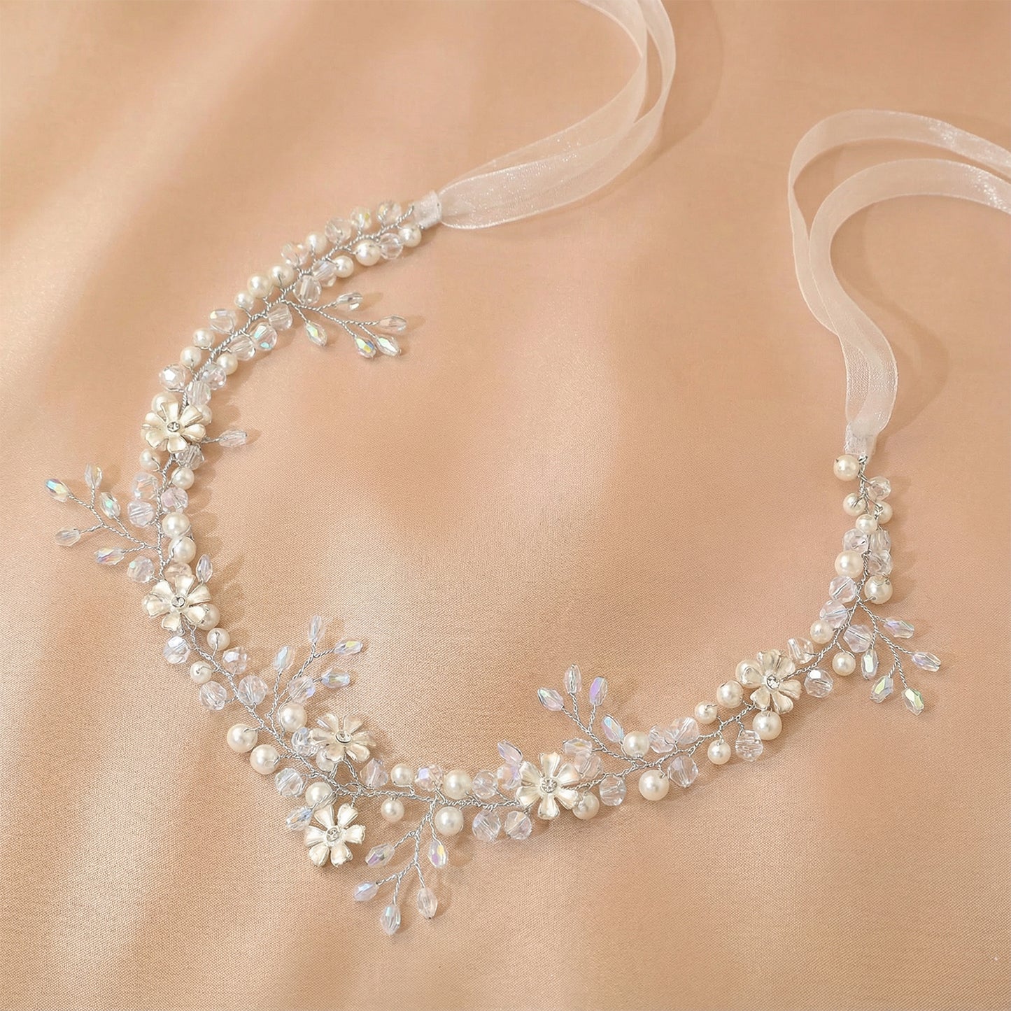 Bridella BHP347-S Silver Rhinestone & Pearl Headband