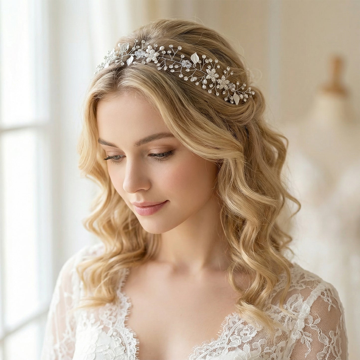 Bridella BHP236-S Silver Rhinestone & Pearl Headband