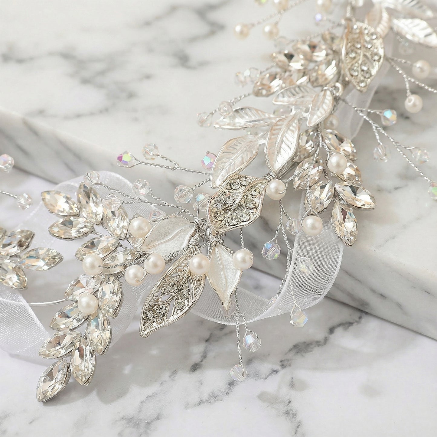 Bridella BHP272-S Silver Rhinestone & Pearl Headband