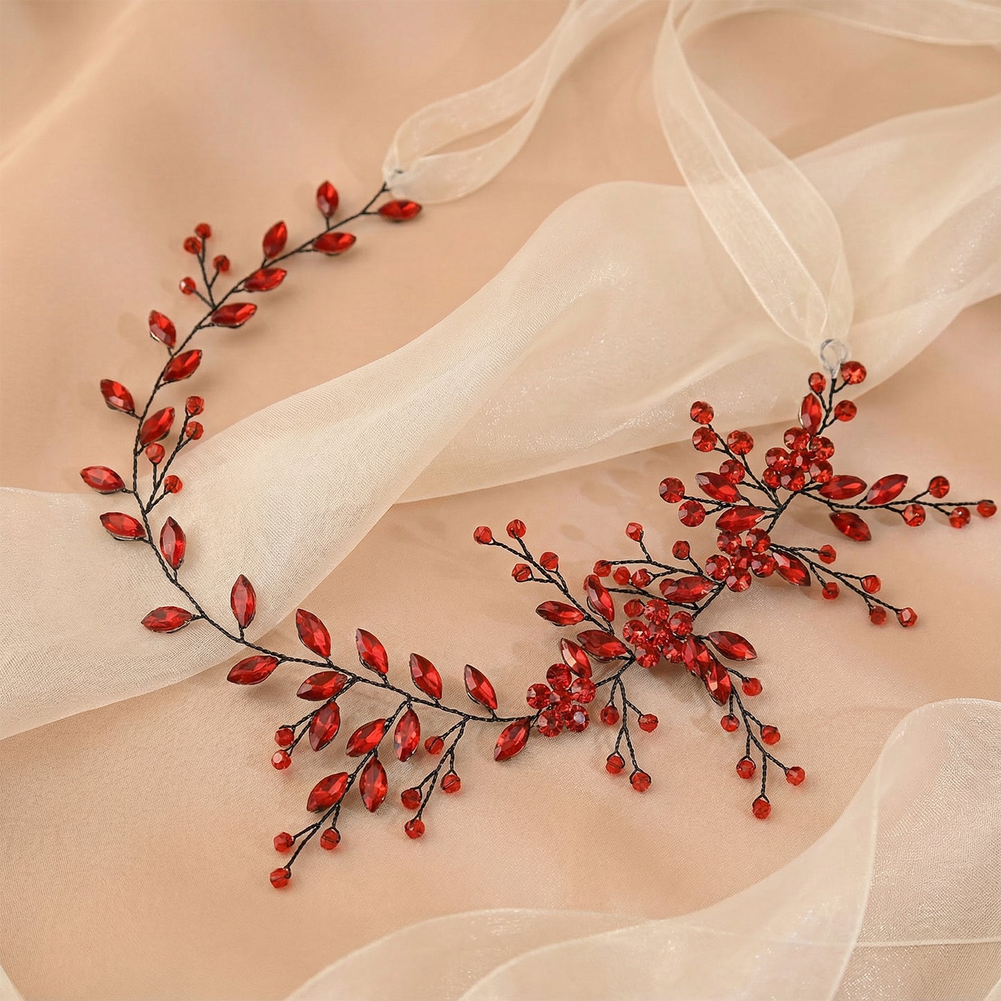 Red Rhinestone & Crystal Bridal Headband for Wedding - Bridella BHP65-R