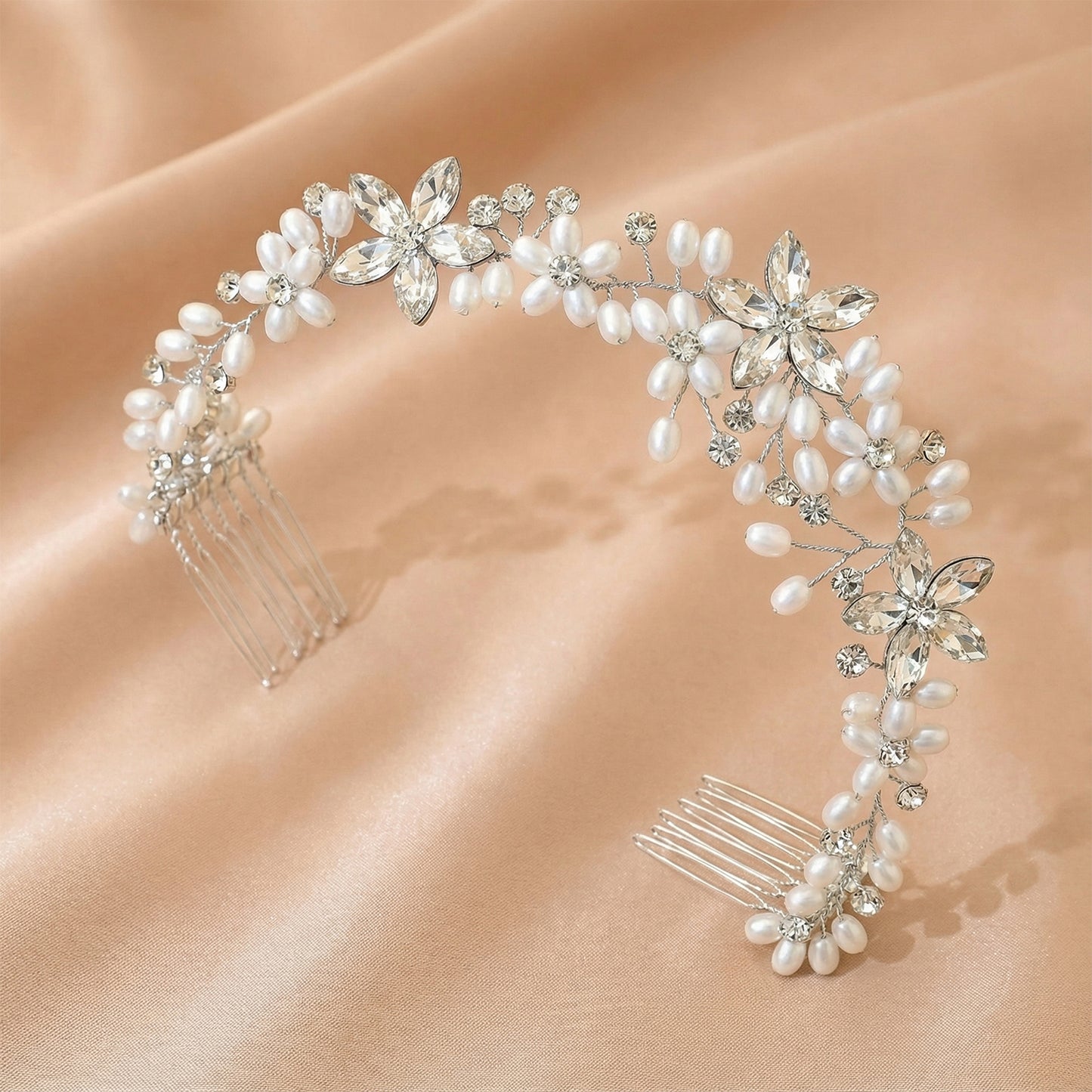Bridella BHP128 Silver Rhinestone & Pearl Tiara