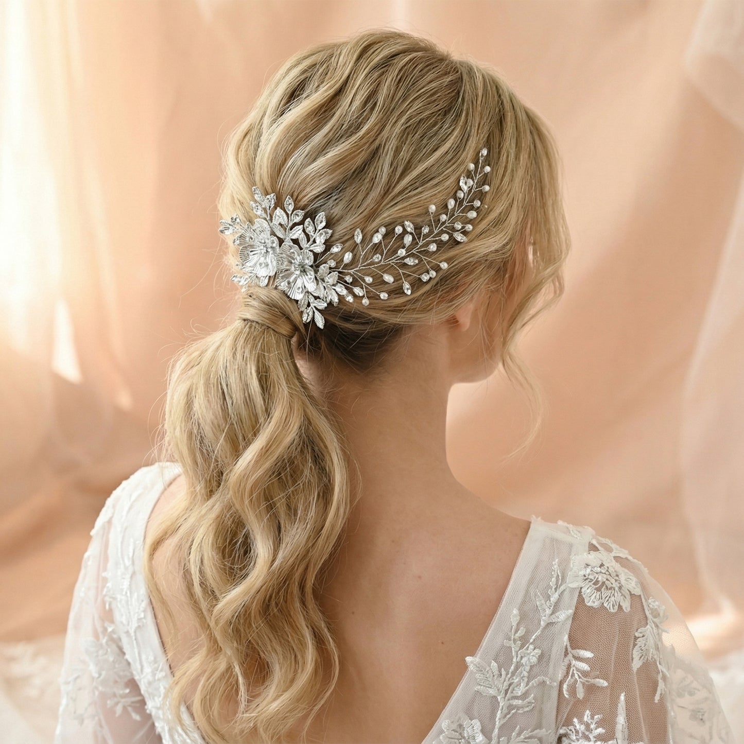 Bridella BHP511-S Silver Rhinestone & Pearl Hair Comb