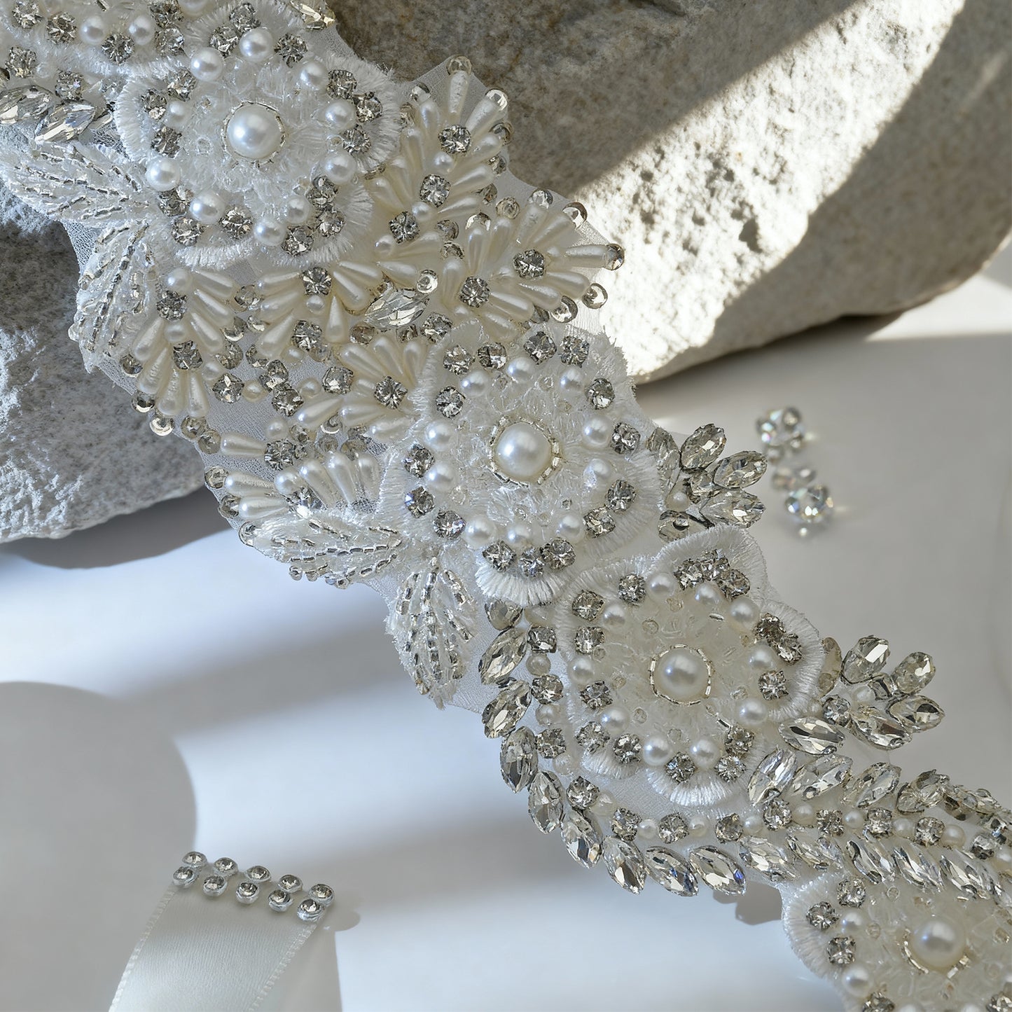 Bridella BS83 Off White Rhinestone & Pearl Belt