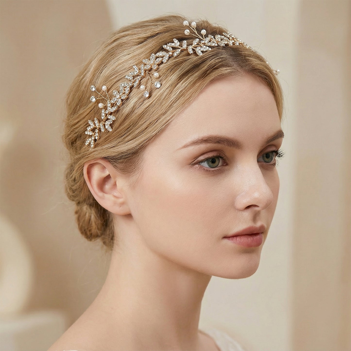 Bridella BHP89 Gold Rhinestone & Pearl Headband
