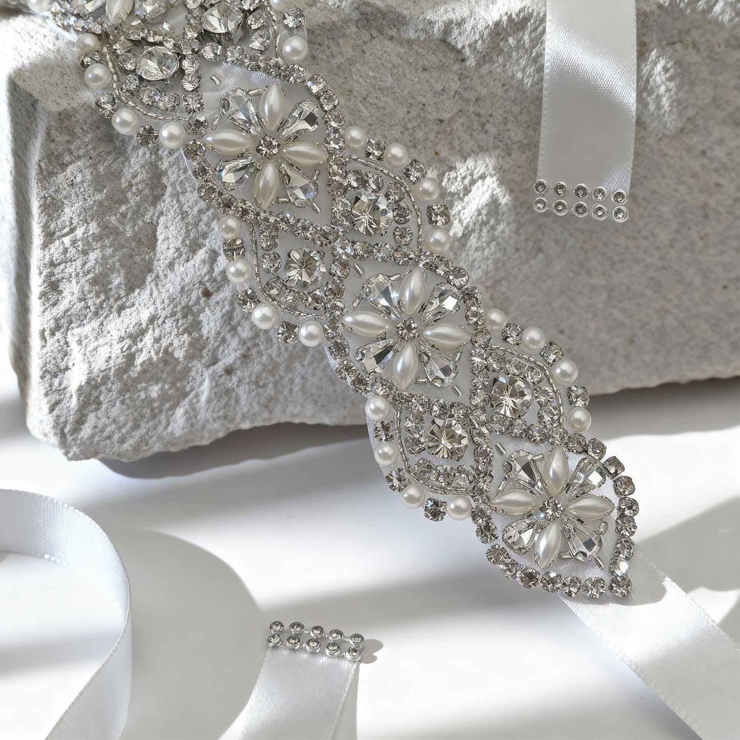 Bridella BS153 White Rhinestone & Pearl Belt