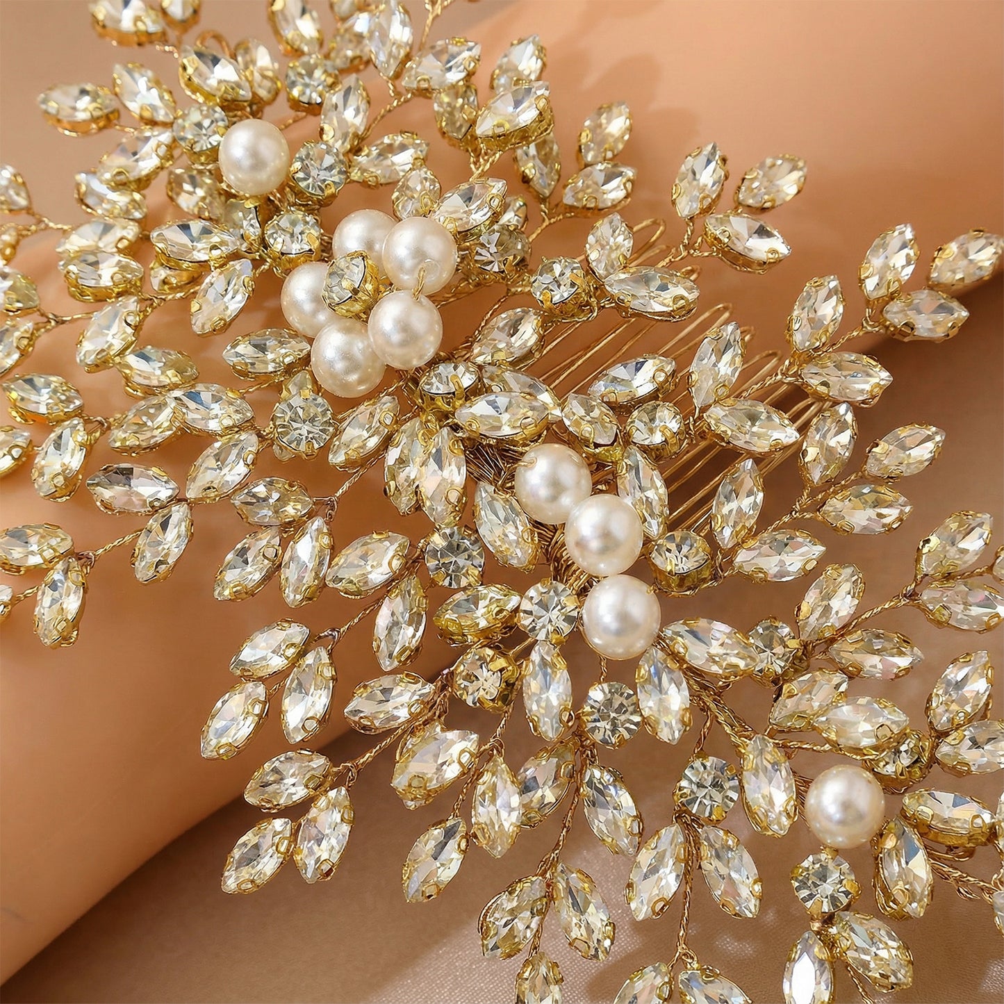 Bridella BHP434-G Gold Rhinestone & Pearl Hair Comb