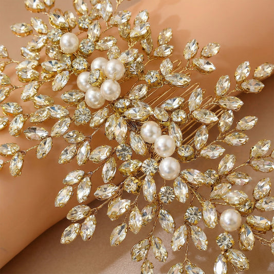 Gold Rhinestone Pearl Bridal Hair Comb Wedding Headpiece - Bridella BHP434-G