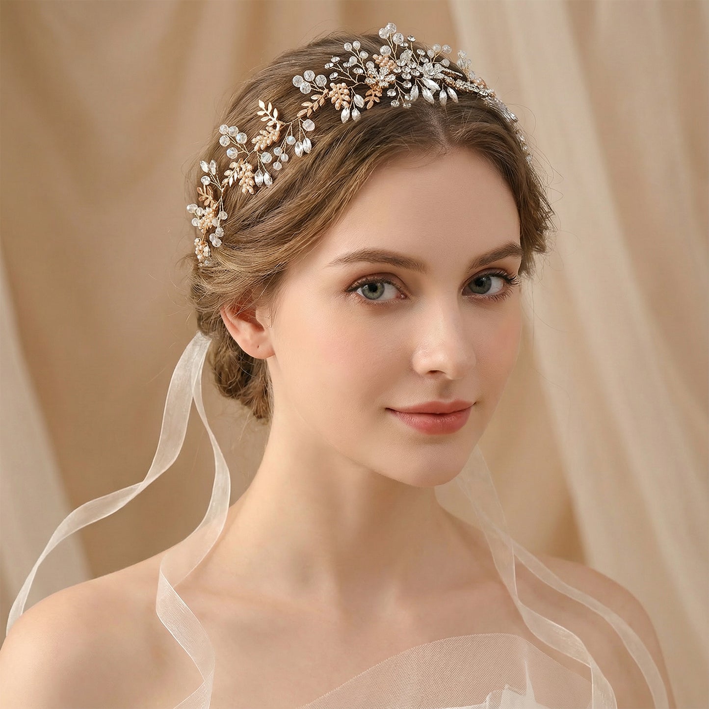 Bridella BHP235-G Gold Rhinestone & Pearl Headband